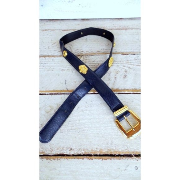 Dark blue gold crown/medallion faux leather statement belt - Picture 3 of 5